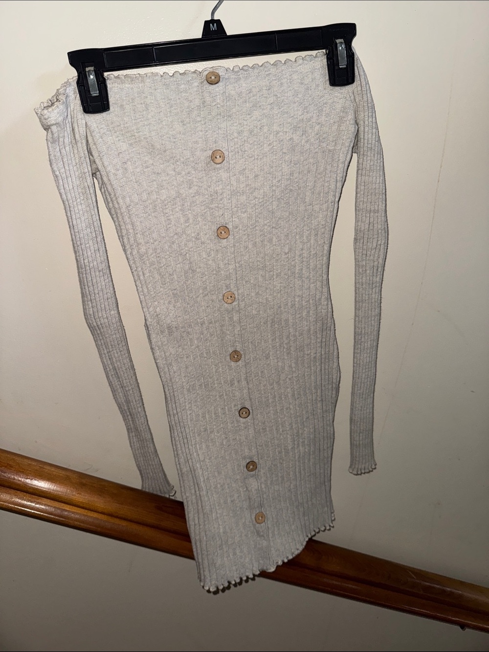 Fashion Nova Beige Ribbed Off-Shoulder Button Front Dress